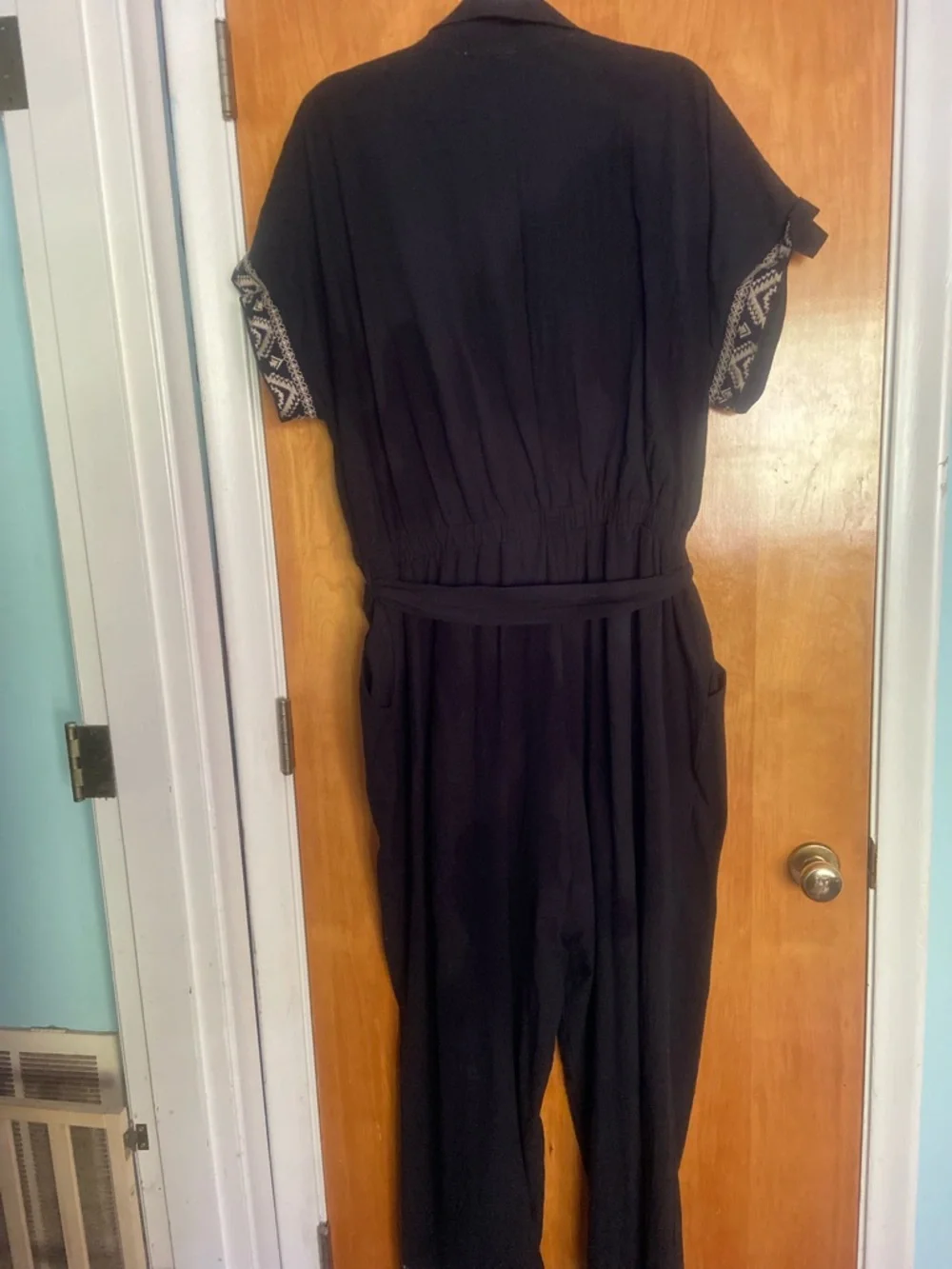 🐦⬛Savanna Jane Black Short-Sleeve Button-Front Jumpsuit with Embroidered Trim - Picture 5 of 5